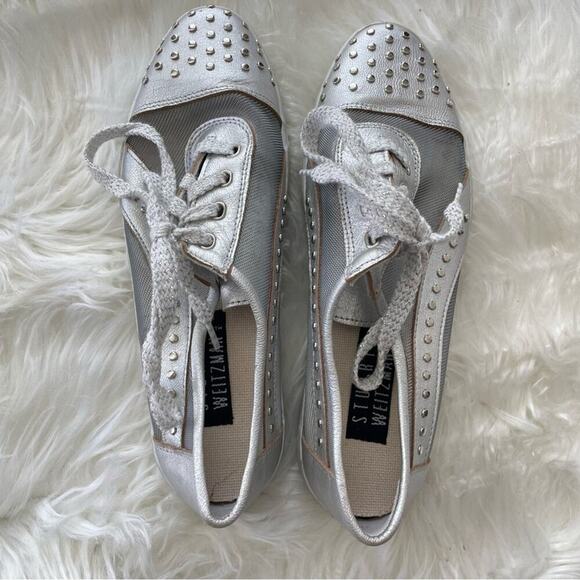 Stuart Weitzman | Women’s Silver Mesh Studded Studs Embellished Sneakers Shoes 7 - Picture 8 of 10